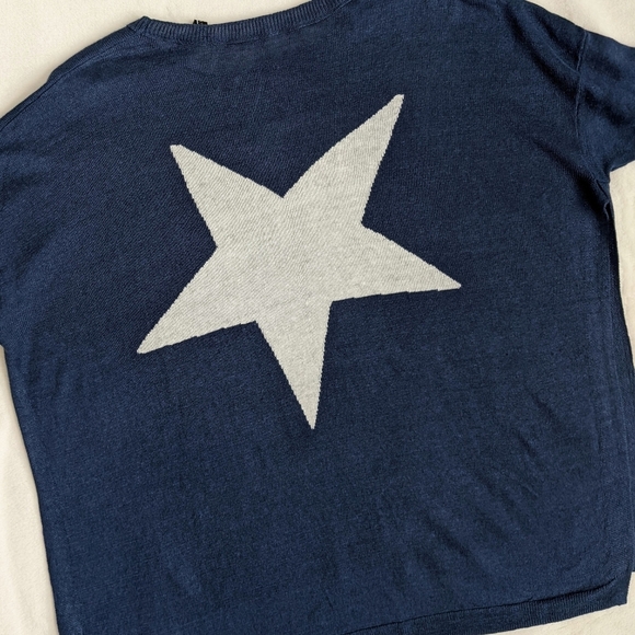 360 Sweater 100% Linen Lightweight Woven Star 3/4 Sleeve Blue White Star M NWT - Picture 10 of 16